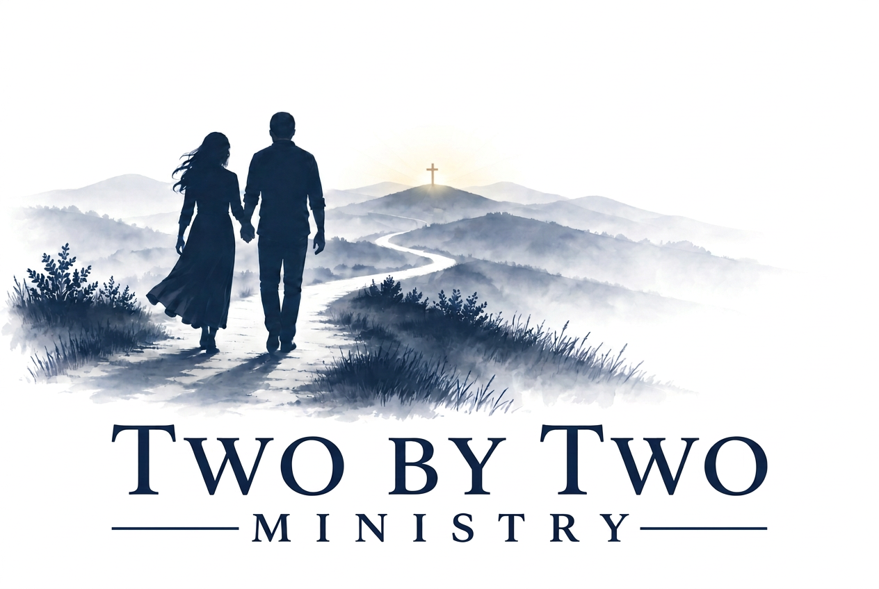 A couple walking hand in hand toward a cross on a hill, above the words Two By Two Ministry